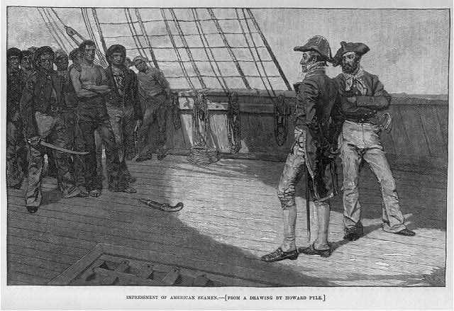 A later depiction of American seamen being pressed by an English officer. Image source: Library of Congress/ public domain