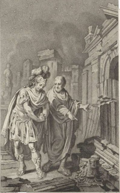 Drawing representing Scipio Aemilianus before the ruins of Carthage in 146 BC in the company of his friend Polybius (1797 engraving).