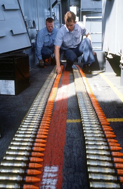 1987 photo of Mark 149 Mod 2 20mm depleted uranium ammunition for the Phalanx CIWS aboard USS Missouri.