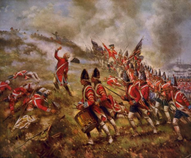 British grenadiers, distinguished by their mitre caps, acting as assault troops at the Battle of Bunker Hill. However, in 1768 the mitre cap pictured here had in fact been replaced within the British Army by a bearskin.