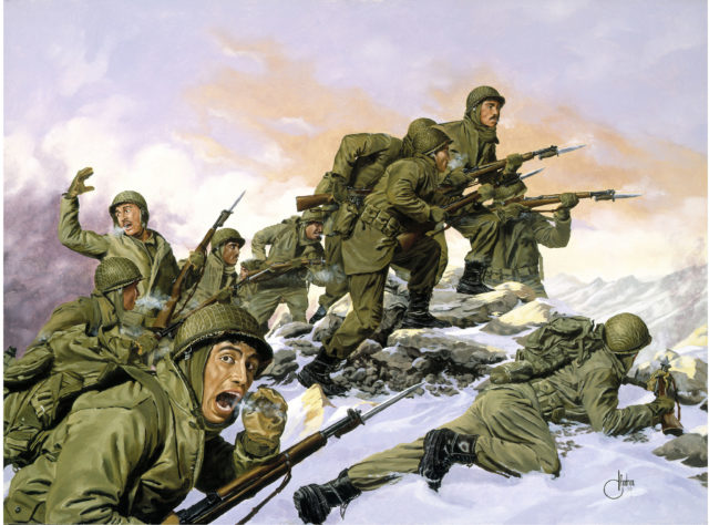 Bayonet charge during the Korean-War. Painting by-Dominic-D’andrea