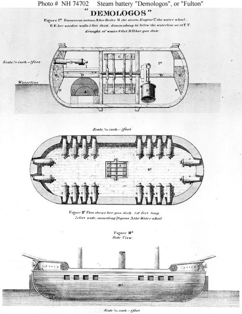 Three-view of Demologos as originally portrayed to the US government. The resulting vessel differed greatly from this early proposal.