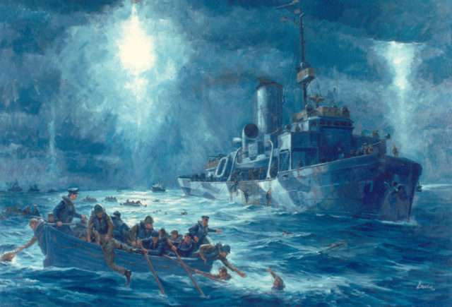 A painting of the Escanaba in the Dorchester Rescue. The 3 ropes coming off the side of the ship are tethers on the rescue swimmers, or retrievers. Image Source: USCG.mil/ public domain