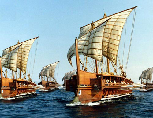 Fleet of triremes made up of photographs of the modern full-sized replica Olympias.