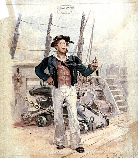 A Boatswain in the Royal Navy in the 1820s. An American Boatswain would've looked very similar. Image Source: Wikimedia Commons/public domain