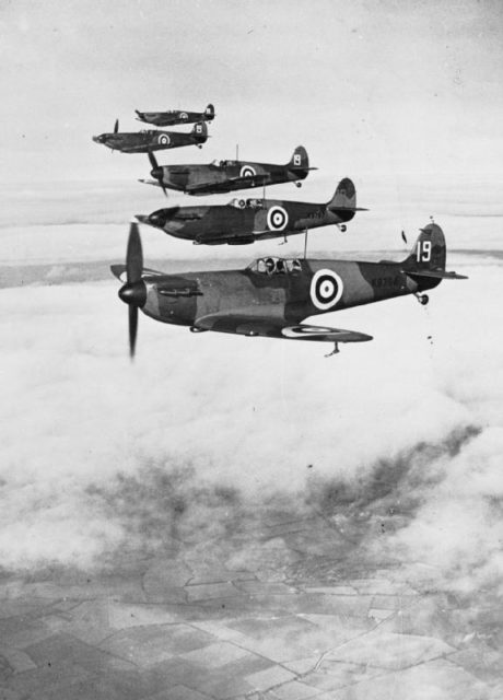 A flight of Spitfires over Britain in 1940. This was the last thing many Germany aviators ever saw. Unfortunately for Nicolson, they stole his first chance at a kill.