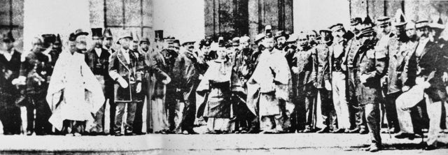 The young Emperor Meiji meeting with dozens of European representatives.