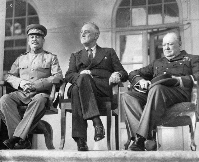 Joseph Stalin (left), Franklin D. Roosvelt (middle), and Winston Churchill (right) at the Soviet Embassy in Teheran, Iran for the Teheran Conference held from November 28 to December 1, 1943 