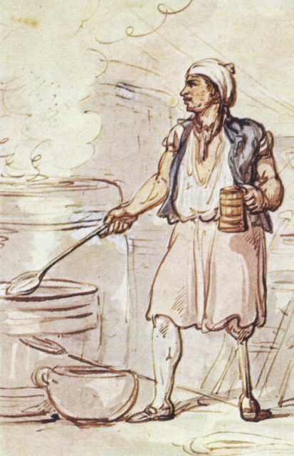 An early 19th century drawing of a Ship's Cook. Usually an older sailor, who couldn't go up the rigging any more. He would make sure that all of the men were well fed and happy, usually a very popular figure on board. Image Source: Wikimedia Commons/ public domain. 