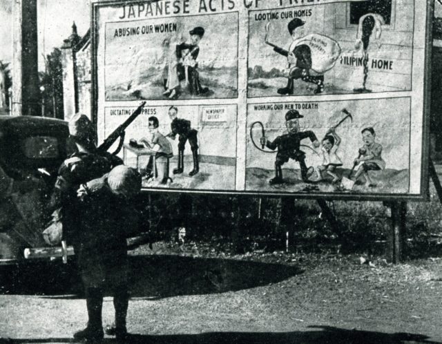 A Japanese soldier looks at American propaganda. Propaganda and harassment proved a powerful tool in the fight against the Japanese. If nothing else, it kept the psyche together, and gave men something to do in their fight against the occupiers. Image Source: Wikimedia Commons/ public domain.