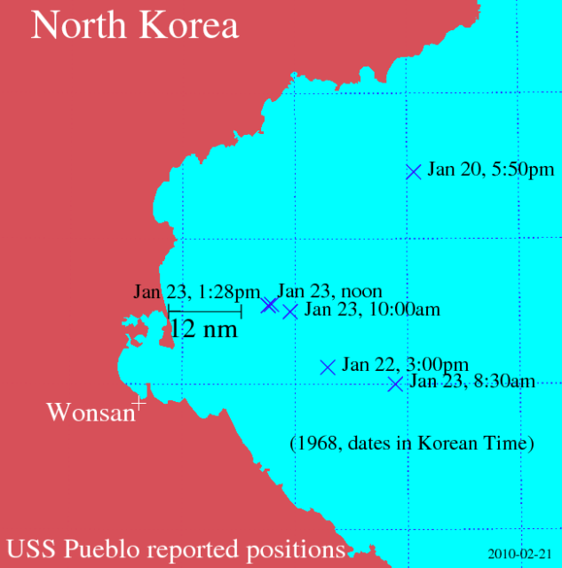 Course of the USS Pueblo, which put it in international waters according to the US Navy