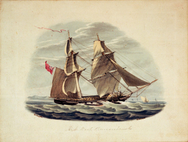 HMS Sparrowhawk, a brig sloop typical of the early 19th century. Image source: Wikimedia Commons/ public domain