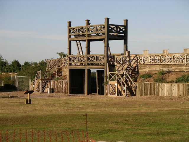 The reconstructed main gatehouse as seen from inside the fort. Photo Credit.