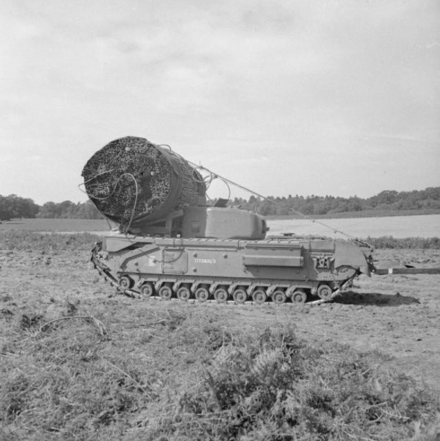 Churchill AVRE of 79th Armoured Division with fascine in position, Suffolk. Photo Credit.