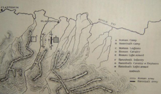 A map of the battle after the Romans crossed the river. despite the cold, the Roman center was able to break through the enemy, but all other areas collapsed.