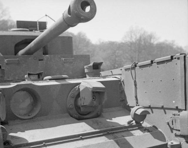 Close-up of the flame projector of a Churchill Crocodile during trials at Eastwell Park, Ashford, Kent. Photo Credit.