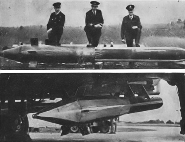 A Disney bomb with Lt-Cdr Murray, Edward Terrell, and an "Air Force Armament Officer", and a bomb mounted under a B-17 Flying Fortress.