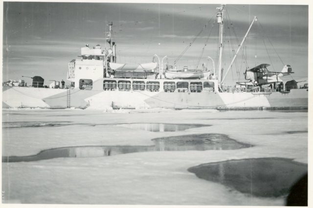 USCGC Northland in 1944. One can see the J2F suspended by a crane over the stern of the ship. 