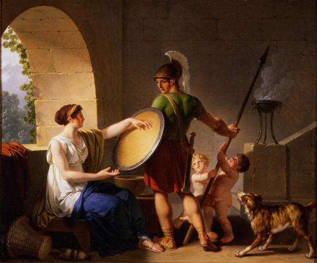 A spartan woman giving a shield to her son, by Jean-Jacques-François Le Barbier, 1826.
