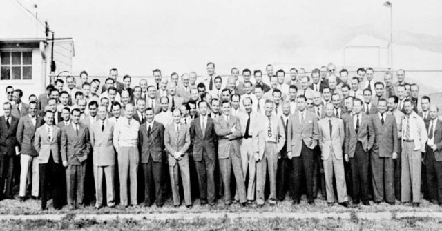 Group of 104 German rocket scientists in 1946, many of whom worked to develop the V-2 Rocket at Peenemünde Germany and came to the U.S. after World War II, subsequently working on various rockets at NASA.