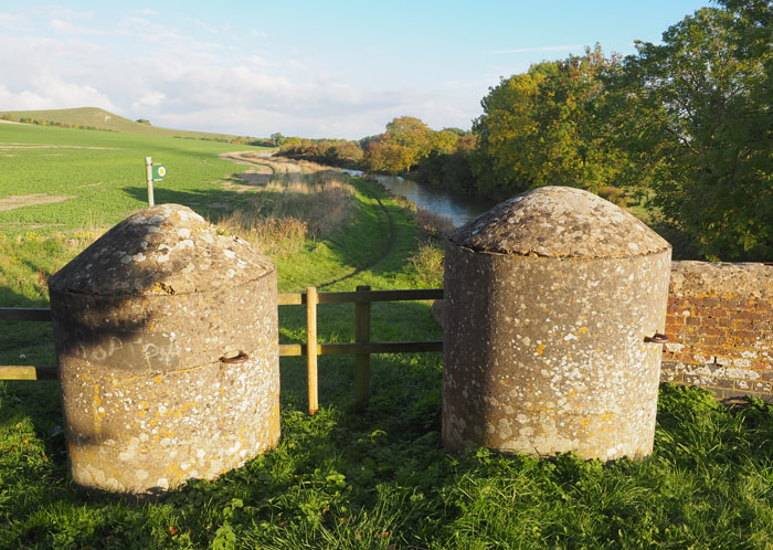 Anti-Tank cylinders Church Farm Lane, Woodborough. Pillboxes and other defensive structures on the GHQ Line along the Kennet and Avon Canal Wiltshire. Picture Copyright © www.thetraveltrunk.net