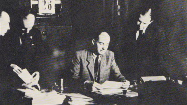 Wallenberg (seated) at the Swedish embassy in Budapest