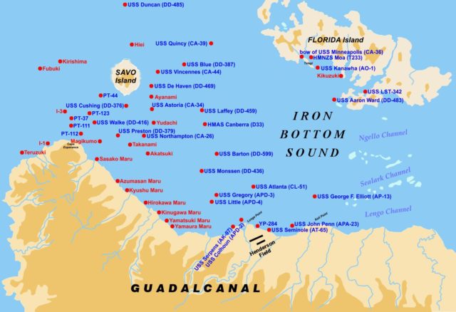 The many wrecks of Iron Bottom Sound, with Savo Island on the upper left. Image Source: By User:W.wolny, Upload from German wikipedia by user:Vvulto - Own work, CC BY-SA 3.0, https://commons.wikimedia.org/w/index.php?curid=176031