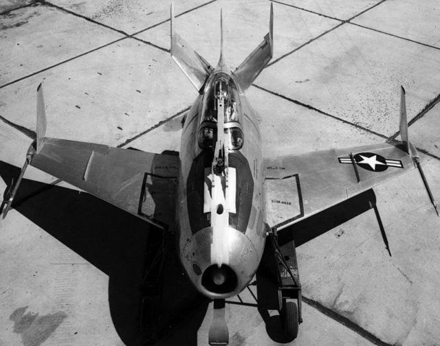 Top view of the XF-85, with the hook extended over top of the canopy 