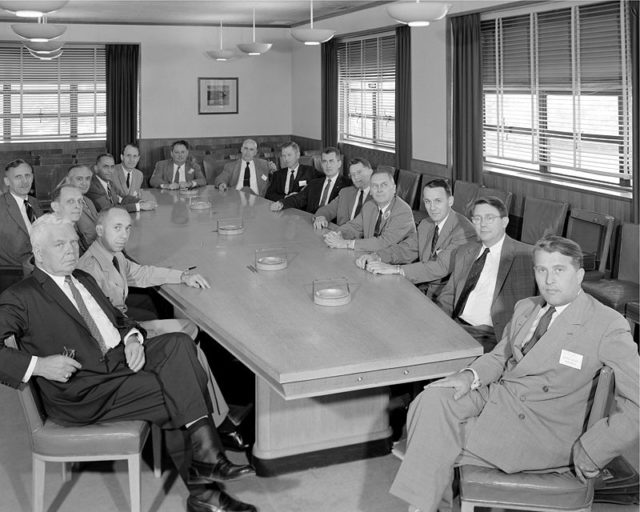 Von Braun, now in the U.S., during a meeting on space technology.