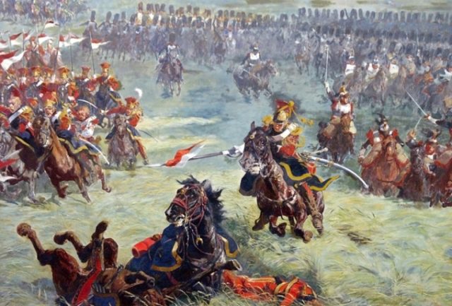 2nd Guard Lancers with the Grenadiers à Cheval in support detail from Louis Dumoulin's Panorama of the Battle of Waterloo. 