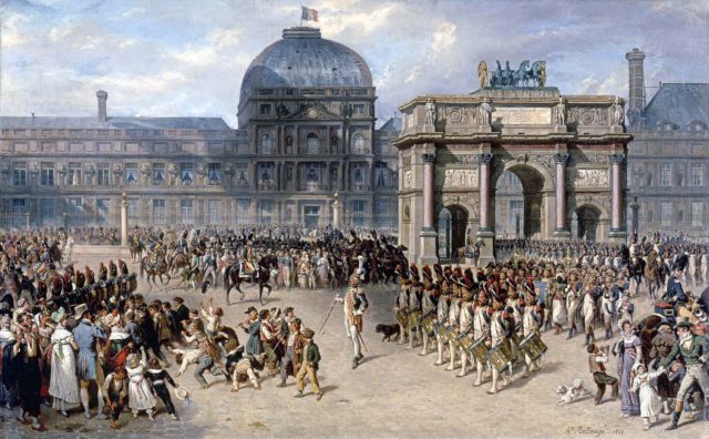 Depiction of a military review during the First French Empire in 1810, in front of the Tuileries. 