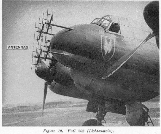 A Ju 88R night fighter with the full Matratze aerial setup for the Lichtenstein B/C UHF band radar.