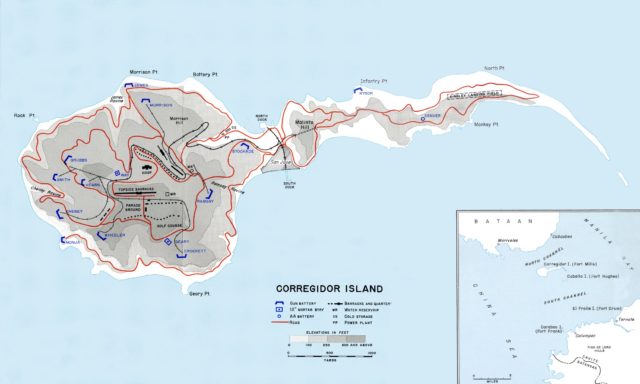 A map of Corregidor in 1941. Crotty's guns were on the center of the island, Malinta Hill.