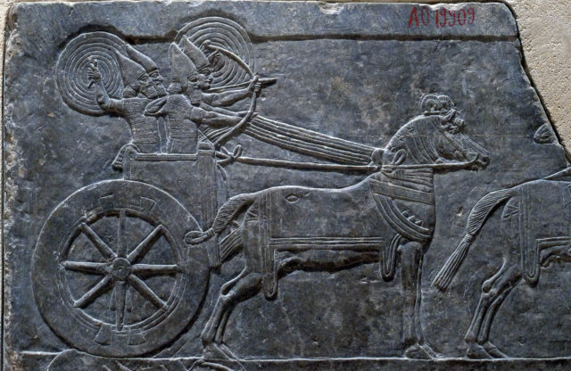 Ancient Assyrian Chariot from a carving circa 645 AD. Photo Credit 