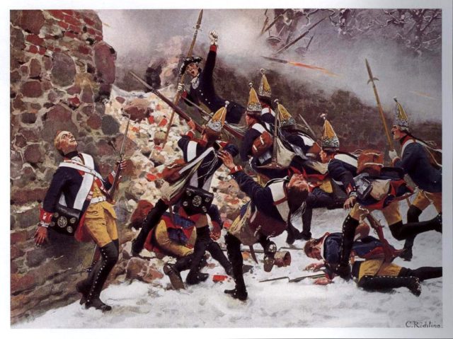 Storming of the breach by Prussian troops during the Battle of Leuthen, 1757.