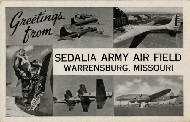 First established as the Sedalia Glider Base in November 1942, the Sedalia Army Air Field, pictured on this postcard, was renamed Whiteman Air Force Base in 1955. Courtesy of Jeremy P. Amick.