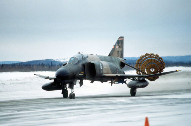 F-4 Phantom land with parachute