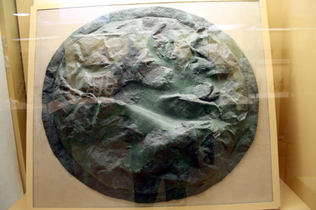 Bronze Spartan shield conquered, as the inscription punched on it reveals, from the Spartans at the victory of Pylos in 425 BC. Ancient Agora Museum in Athens, around 510 BC. Photo Credit