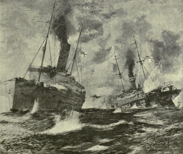 A painting of the battle. Greif on the right, is already aflame, but still sending shells and torpedoes towards Alacantara, on left. 