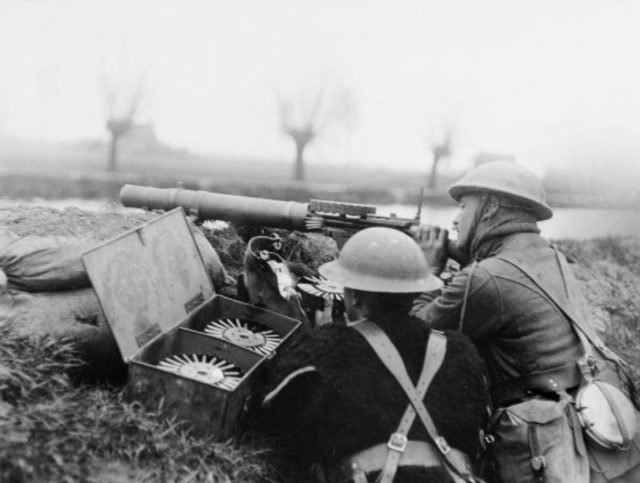 British Lewis gun team manning a post on the bank of the Lys canal at St Venant during the Battle of Hazebrouck.