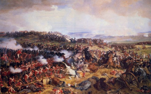 The charge of the French Cuirassiers at the Battle of Waterloo against a square of Scottish Highlanders.