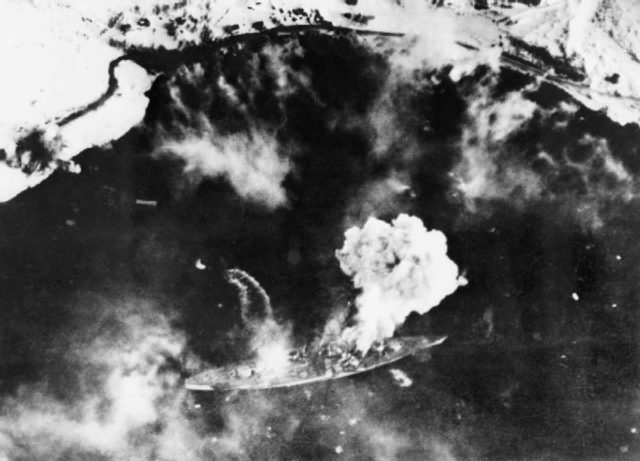 Tirpitz under attack by British carrier aircraft on 3 April 1944.