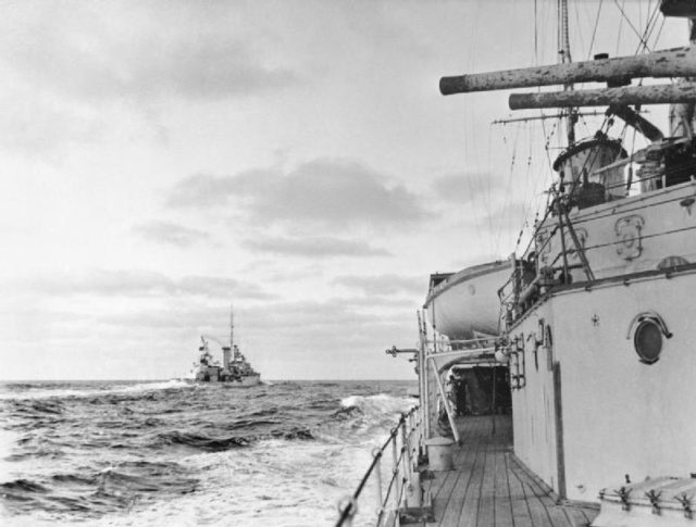 HMS Achilles, as seen from HMS Ajax during the battle. The two small cruisers chased the Graf Spee, being careful to stay just out of range of her guns.