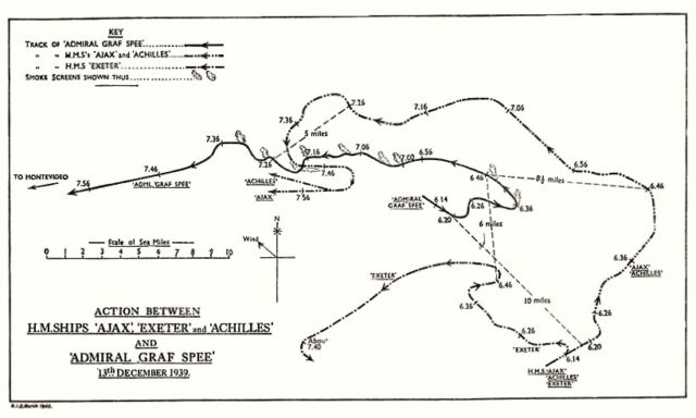 A map of the battle, showing the complex maneuvers the four ships had to take