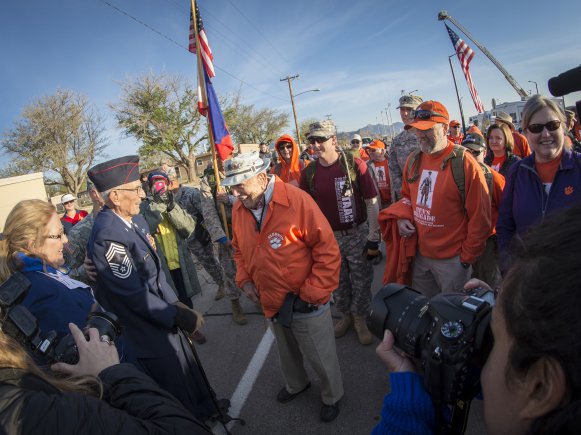 Retired U.S. Air Force Chief Master Sgt. Harold Bergbower greets retired U.S. Army Col. Ben Skardon at the starting line of the Bataan Memorial Death March at White Sands Missile Range, N.M., March 20, 2016. Both men are Bataan Death March surviviors. Credit: U.S. Army photo by Staff Sgt. Ken Scar.