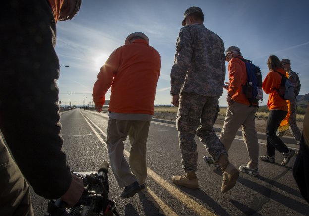 Retired U.S. Army Col. Ben Skardon, 98, a Bataan Death March survivor, begins a more than eight-mile walk in the Bataan Memorial Death March at White Sands Missile Range, N.M., March 20, 2016. Skardon is the only survivor who walks in the memorial march and this is the ninth year in a row he has done it. Credit: U.S. Army photo by Staff Sgt. Ken Scar.
