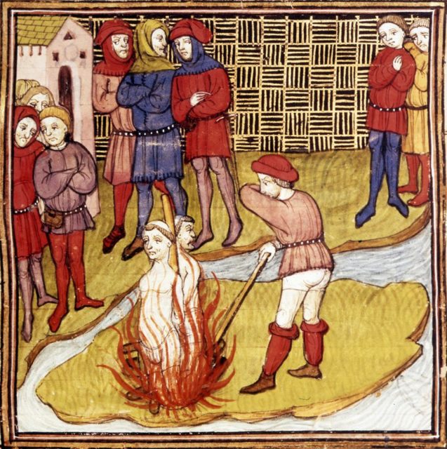 Two Templars burned at the stake, including Jacques de Molay, from a French 15th-century manuscript.