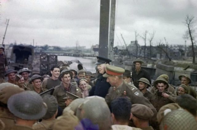 Churchill visits the troops at Caen, France.
