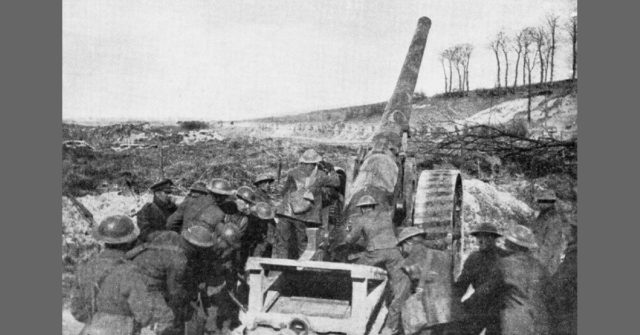 British 6 inch Mk VII gun in action against the first phase of the German Kaiserschlacht offensive, Operation Michael.