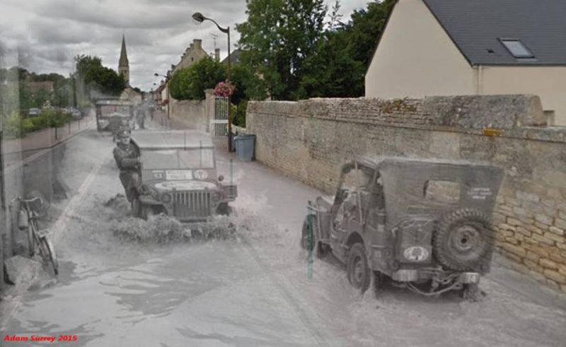 A bit damp:Jeeps passing in the flooded village of Bretteville l’Orgueilleuse.  21 July 1944 – 2015 / By Adam Surrey / Ghosts of Time